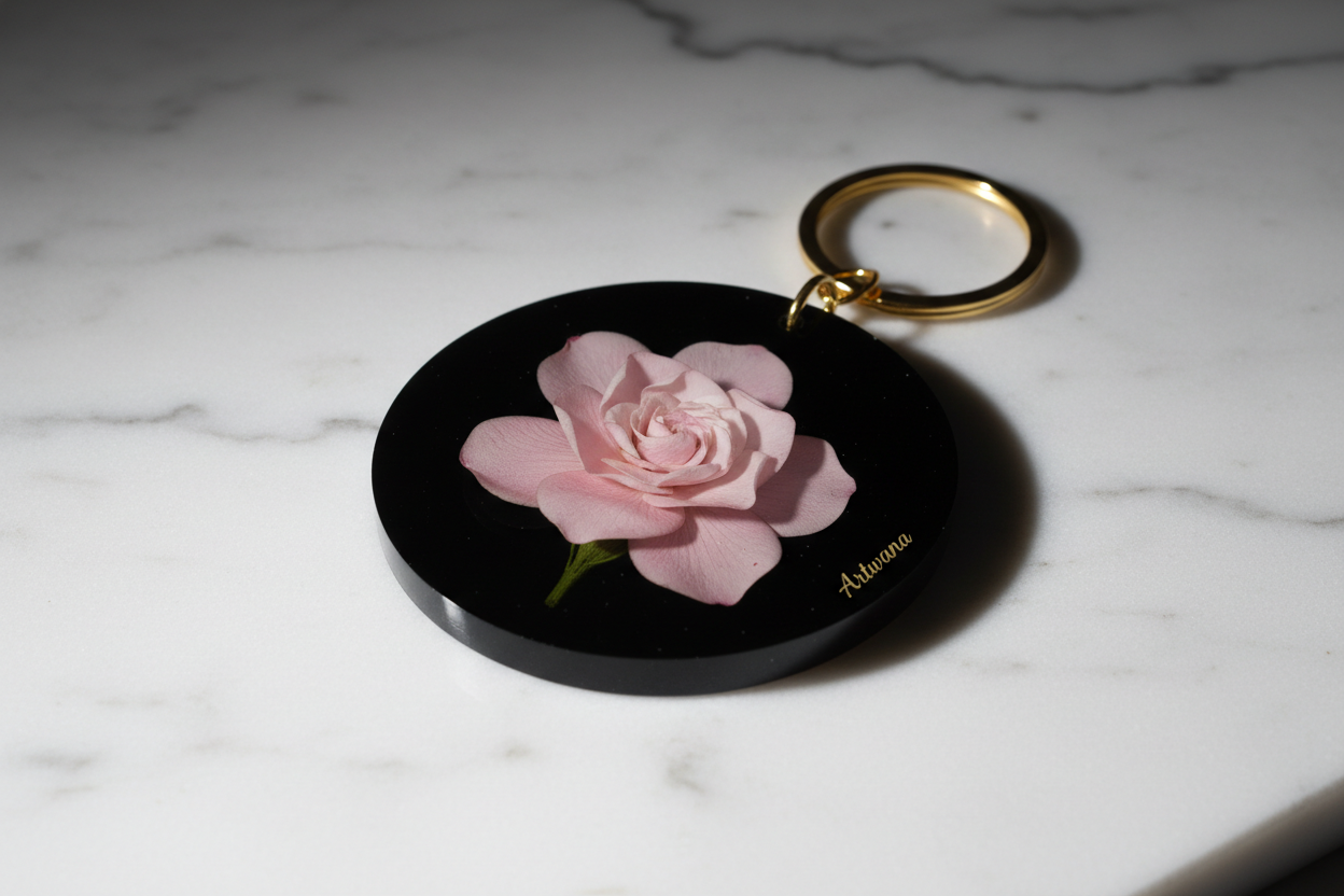 Black Resin Pink Flower Keychain