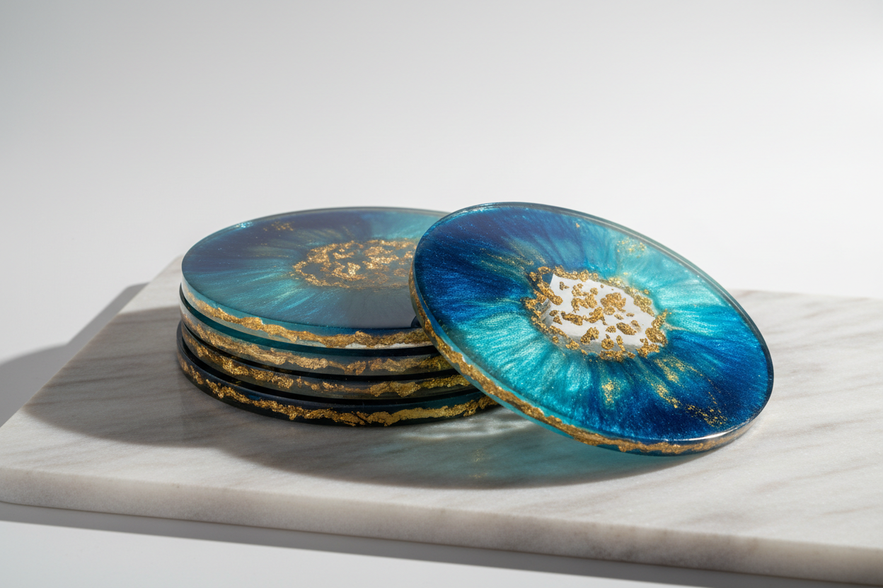 Hero - Set of 4 Ocean Blue Resin Coasters Stacked