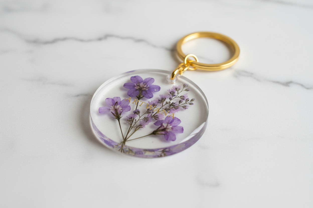 Clear Resin Purple Flowers Keychain