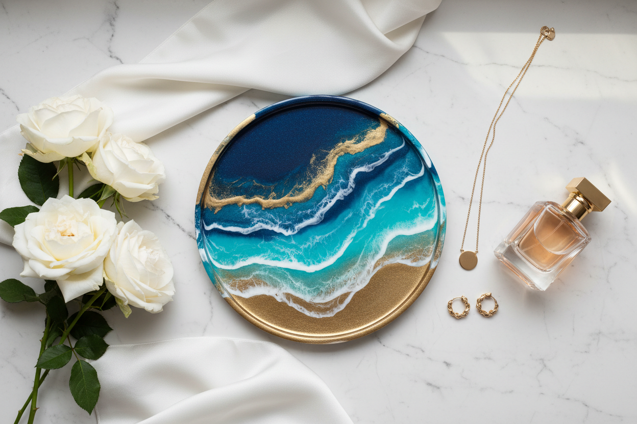 Ocean Wave Resin Tray - Styled Flat Lay