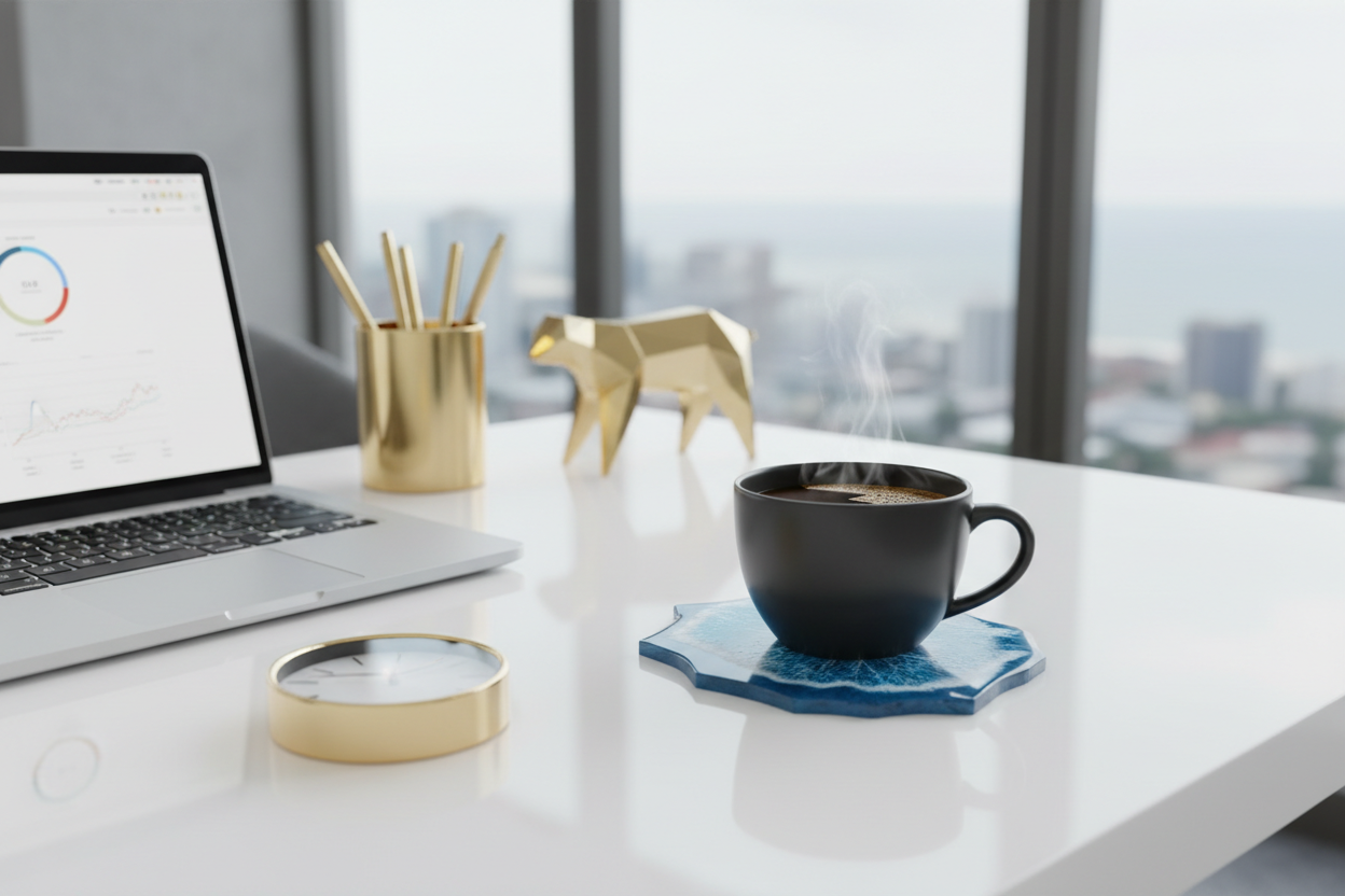 Office Desk - Coffee Cup on Coaster Workspace