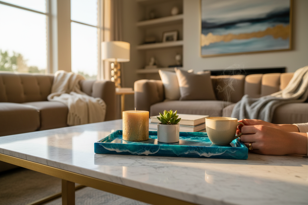 Ocean Wave Resin Tray - Coffee Table Lifestyle